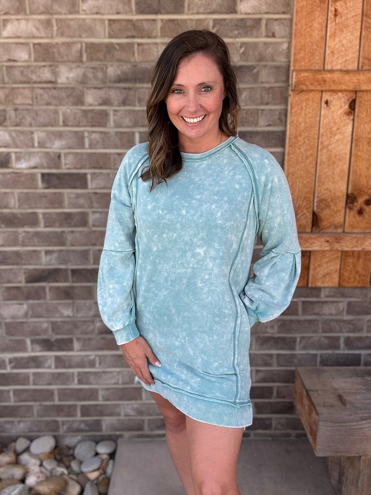 3031- Blue Mineral Wash Tunic Pullover w/ Side Slits