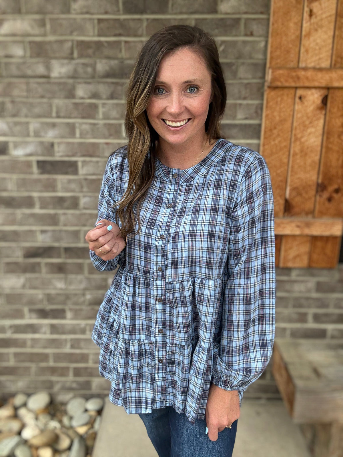 Blue Plaid Tiered Button Down Top by Easel
