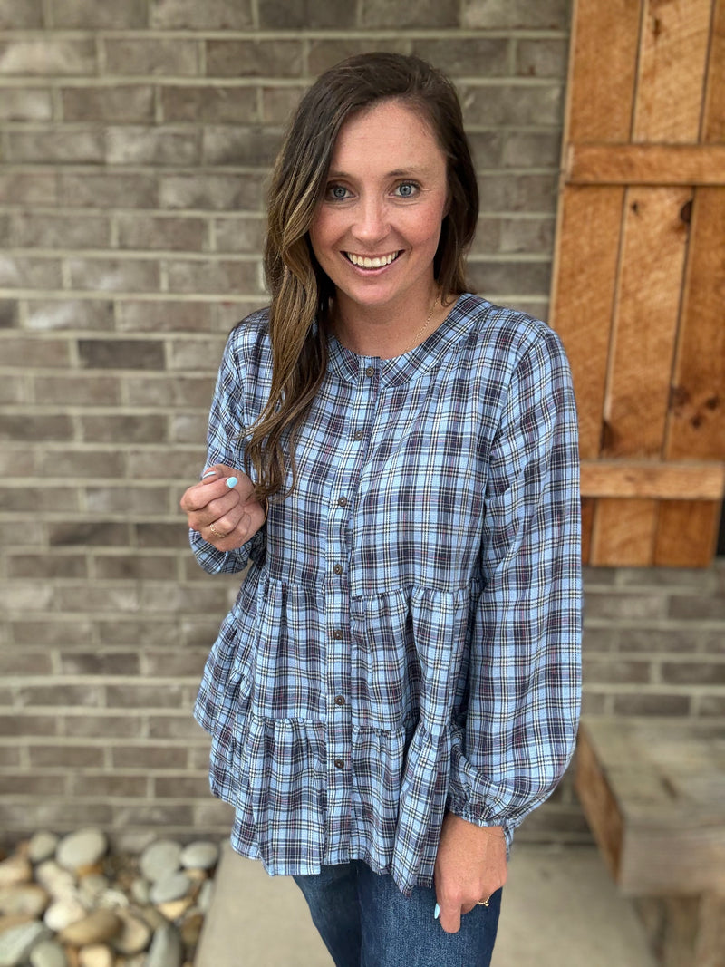 Blue Plaid Tiered Button Down Top by Easel