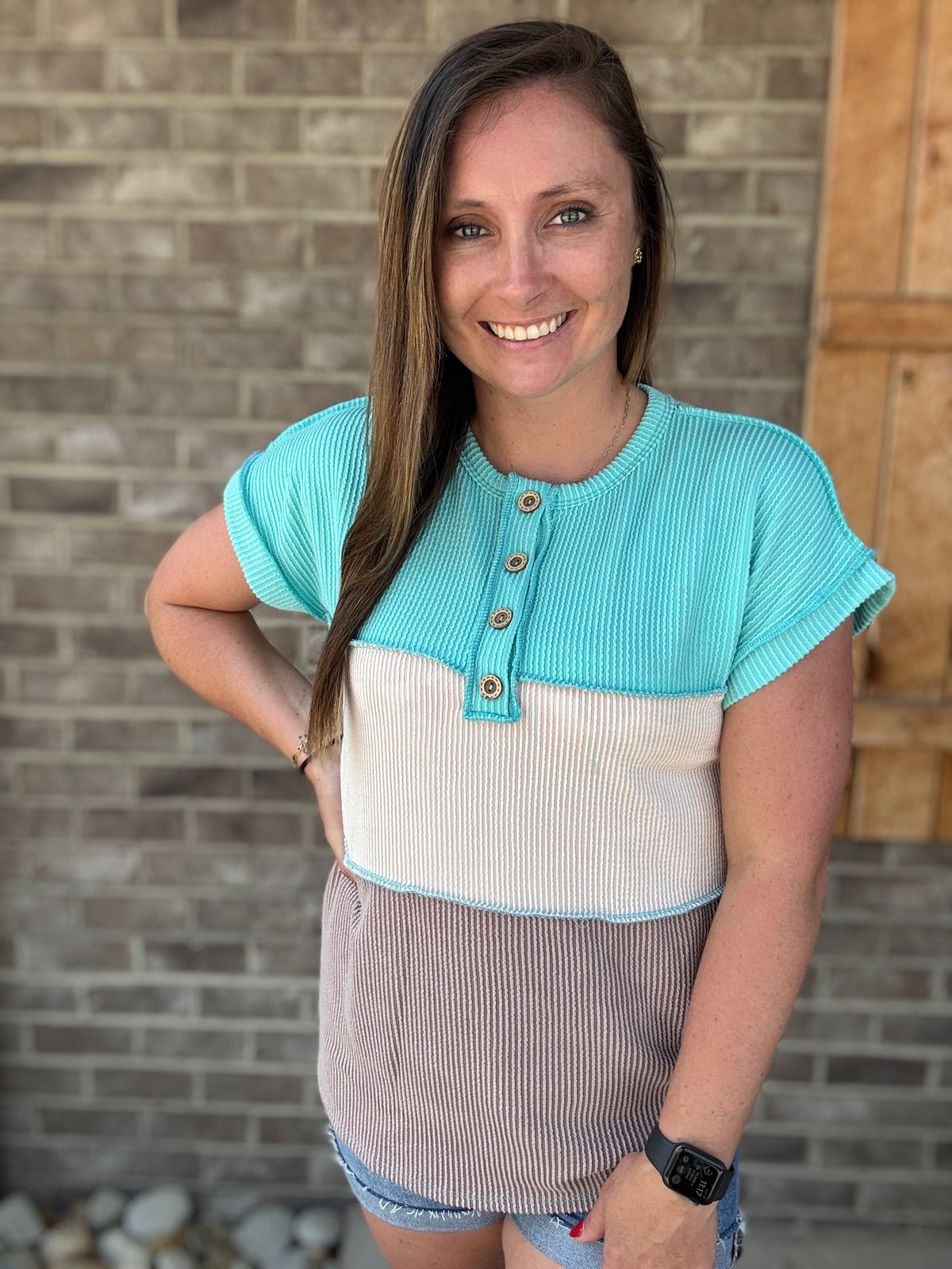 Blue Ribbed Color Block Short Sleeve Top