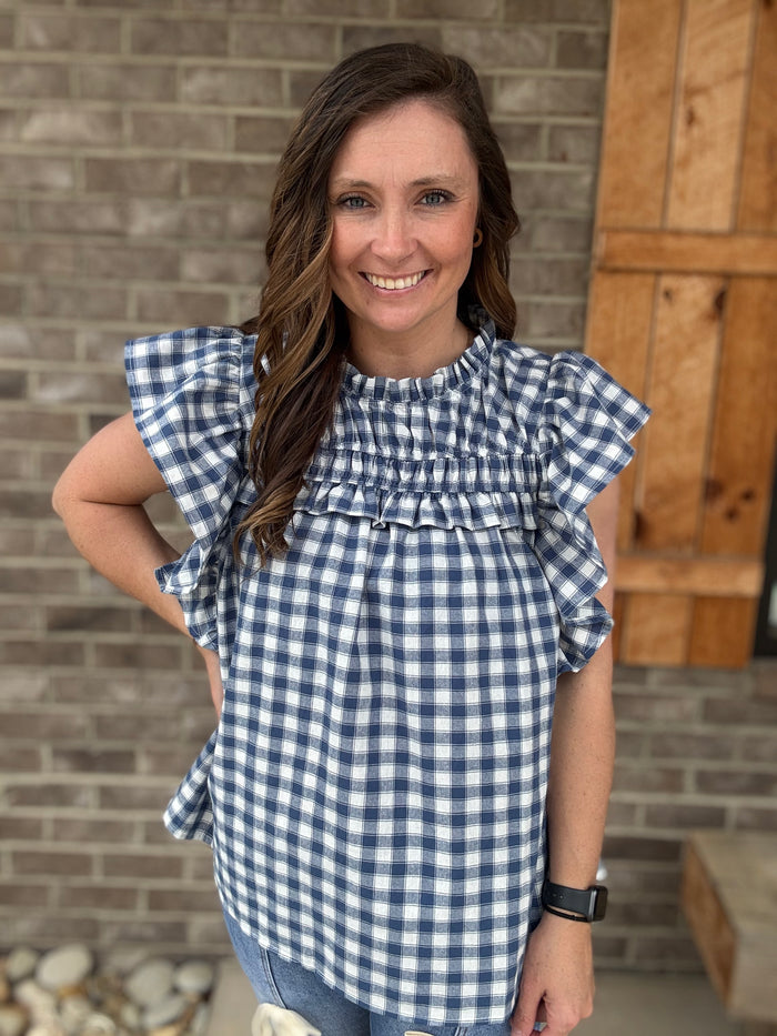Blue and Ivory Gingham Frilled Sleeve Mock Neck Short Sleeve Top