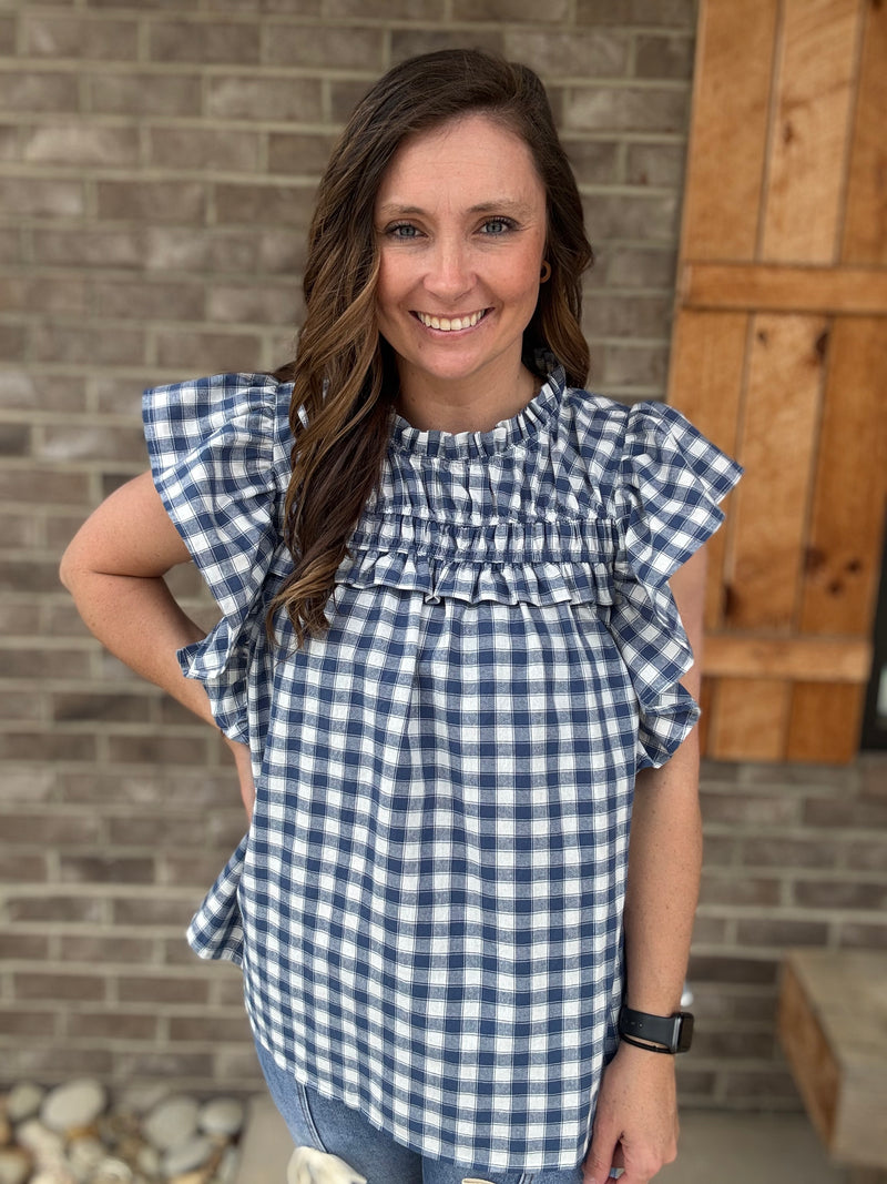 Blue and Ivory Gingham Frilled Sleeve Mock Neck Short Sleeve Top
