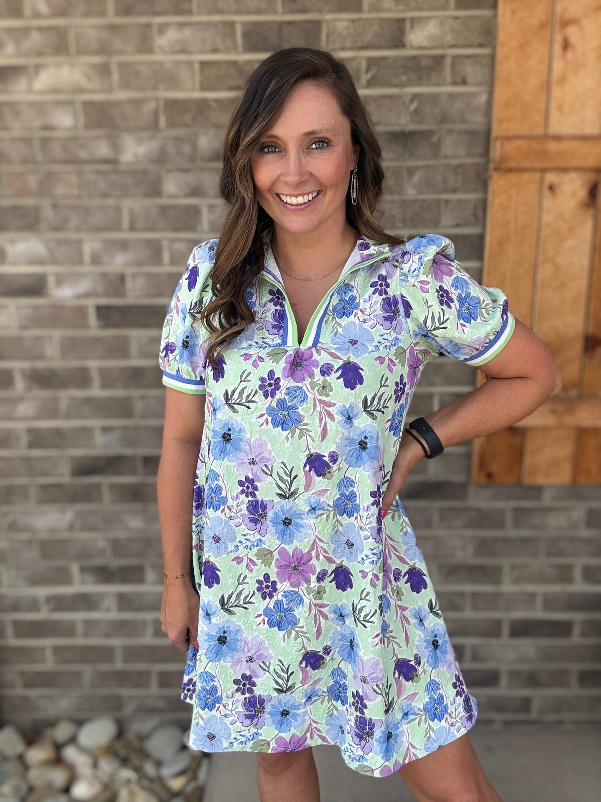 Blue and Mint w/ Floral Print Short Sleeve Mini Dress by Umgee