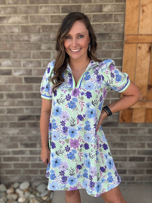 Blue and Mint w/ Floral Print Short Sleeve Mini Dress by Umgee