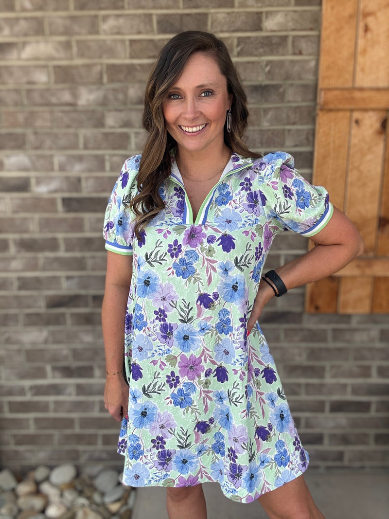 Blue and Mint w/ Floral Print Short Sleeve Mini Dress by Umgee