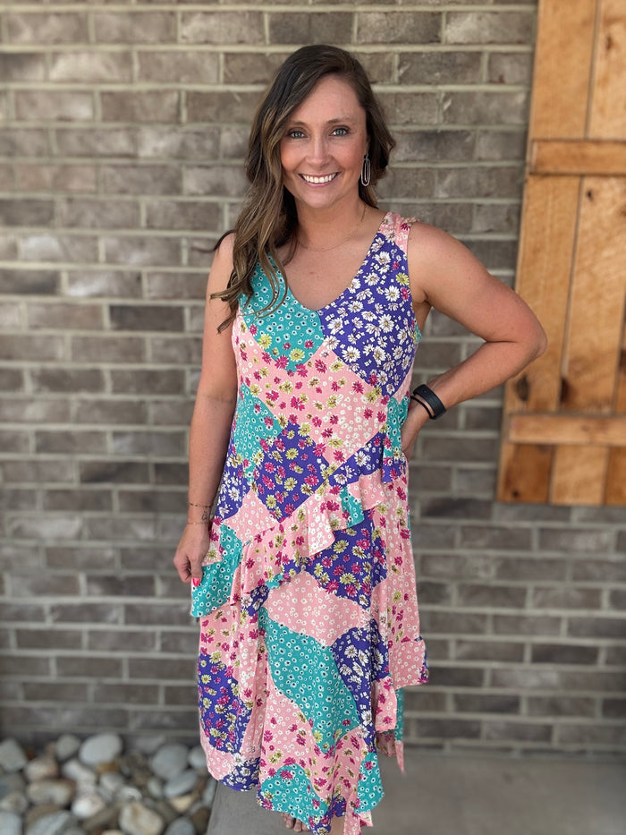 Blush & Blue Patchwork Floral Midi Dress by Easel