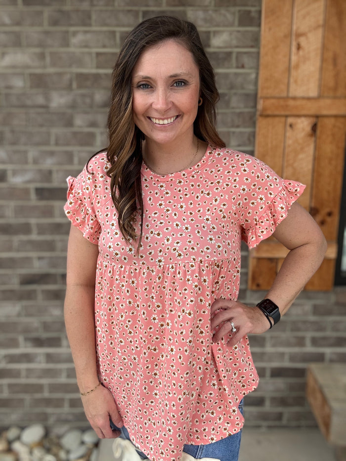 Blush Floral Print Baby Doll Top w/ Ruffle Short Sleeve