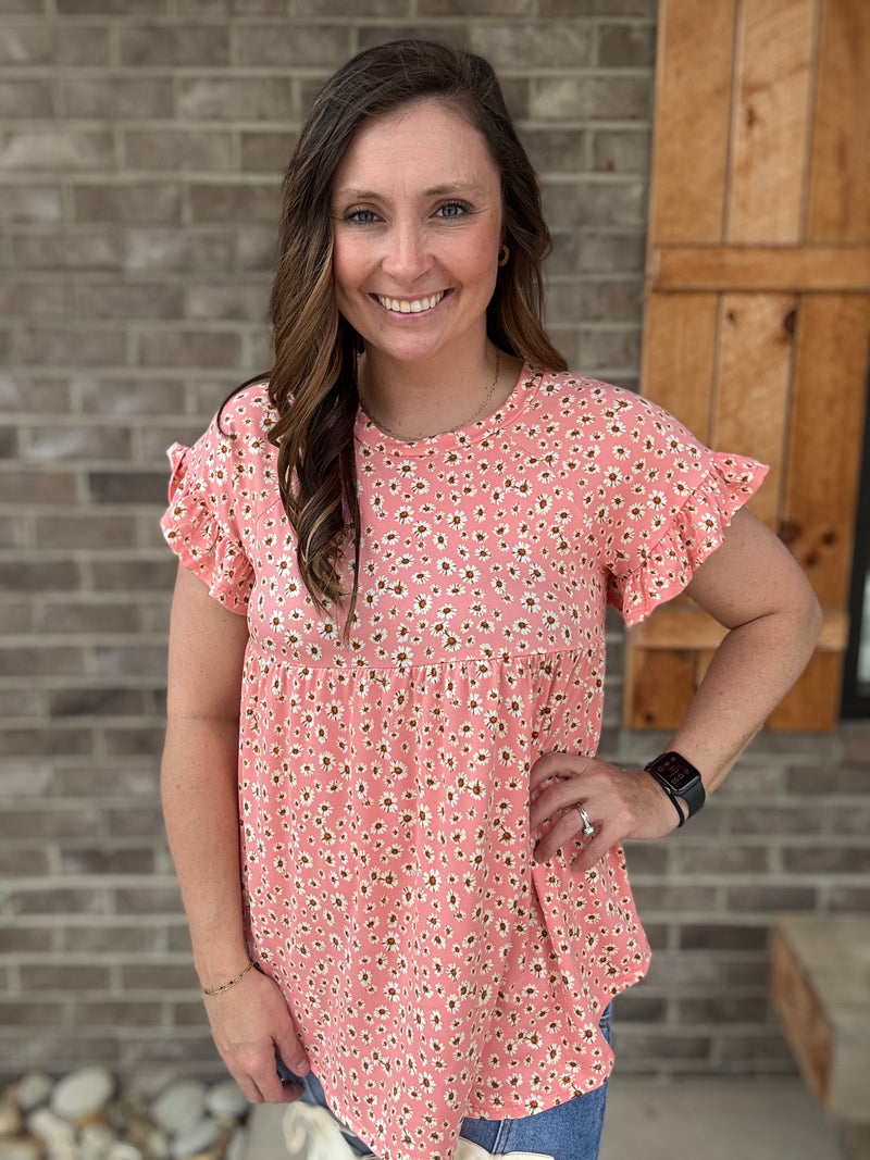 Blush Floral Print Baby Doll Top w/ Ruffle Short Sleeve