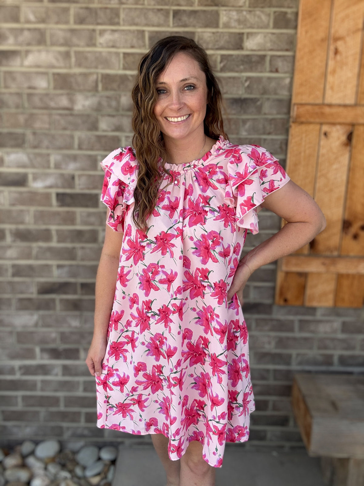 Blush & Fuchsia Floral Smocked Neck Dress