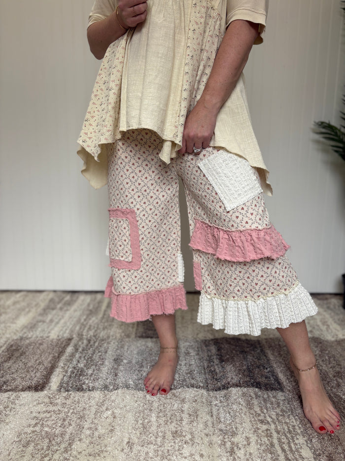 Blush Patchwork Ruffle Hem Boho Cropped Pants by POL