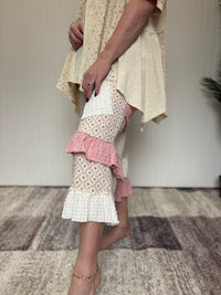 Blush Patchwork Ruffle Hem Boho Cropped Pants by POL