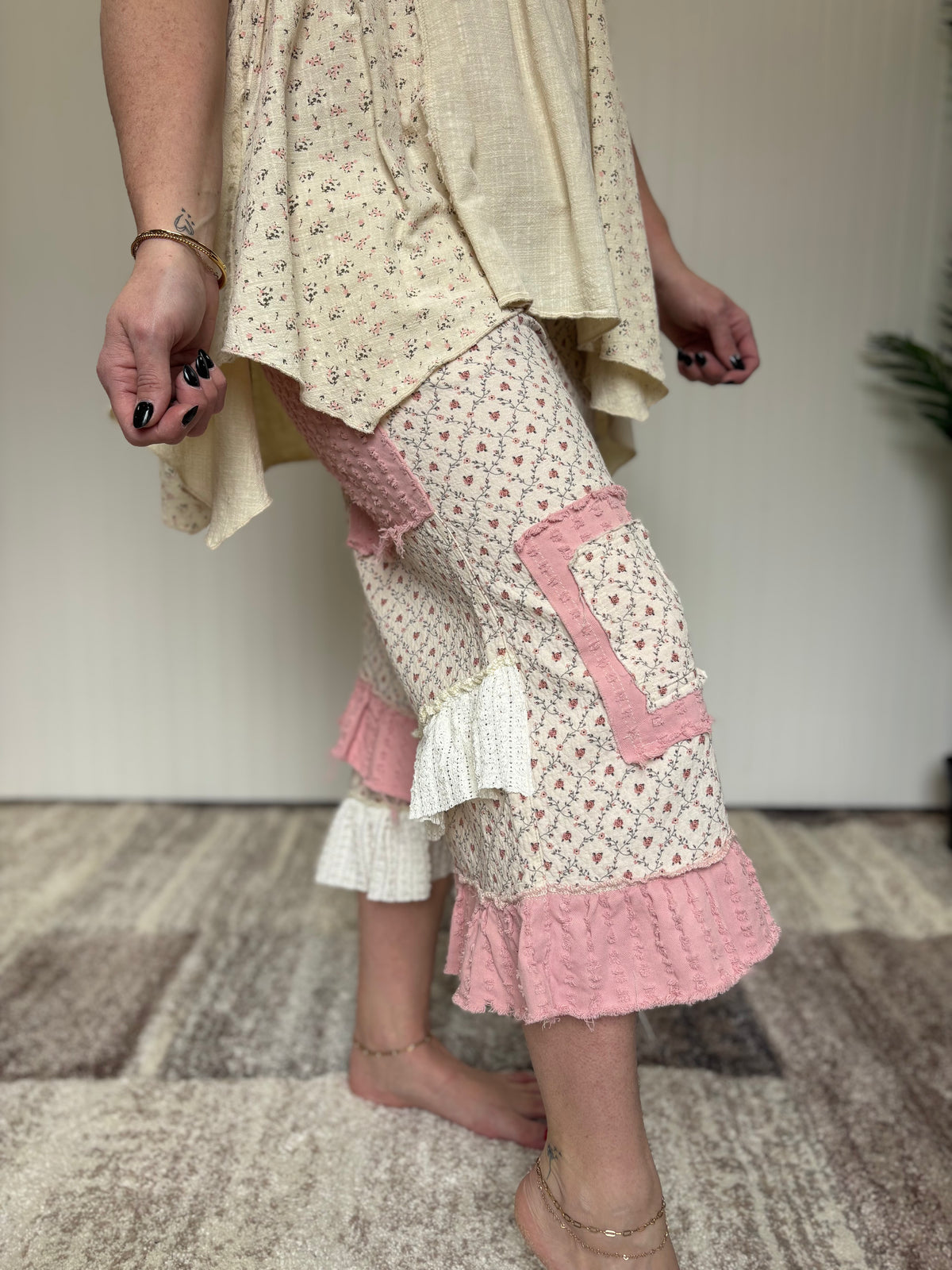 Blush Patchwork Ruffle Hem Boho Cropped Pants by POL