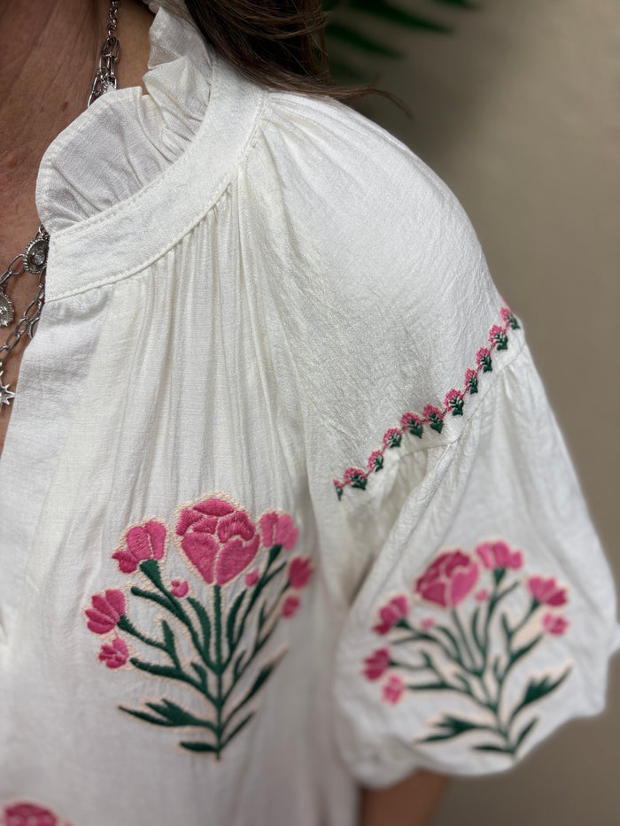 Boho Floral Embroidered Puff Sleeve Mini Dress by Umgee