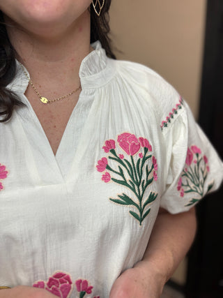 Boho Floral Embroidered Puff Sleeve Mini Dress by Umgee