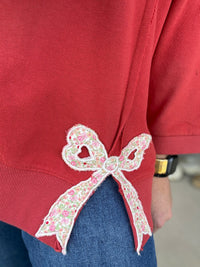 Boho Red Bow Patch Bottom Hem Washed French Terry Pullover by Easel