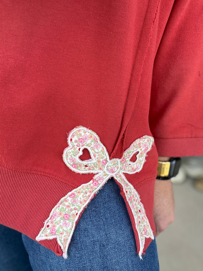Boho Red Bow Patch Bottom Hem Washed French Terry Pullover by Easel