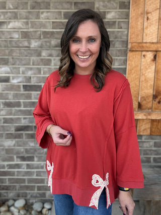 Boho Red Bow Patch Bottom Hem Washed French Terry Pullover by Easel