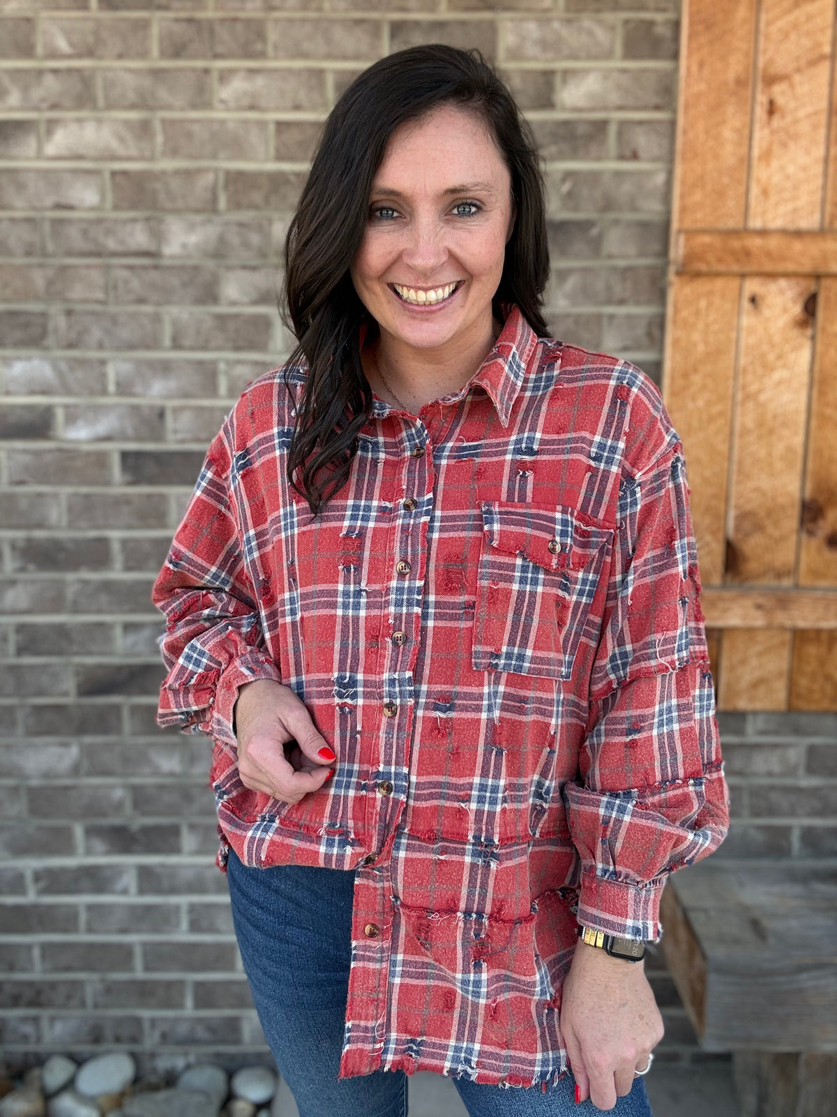 Boho Red Distressed Plaid Washed Shirt by Easel