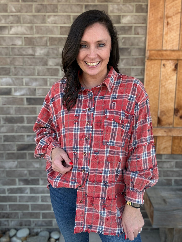 Boho Red Distressed Plaid Washed Shirt by Easel
