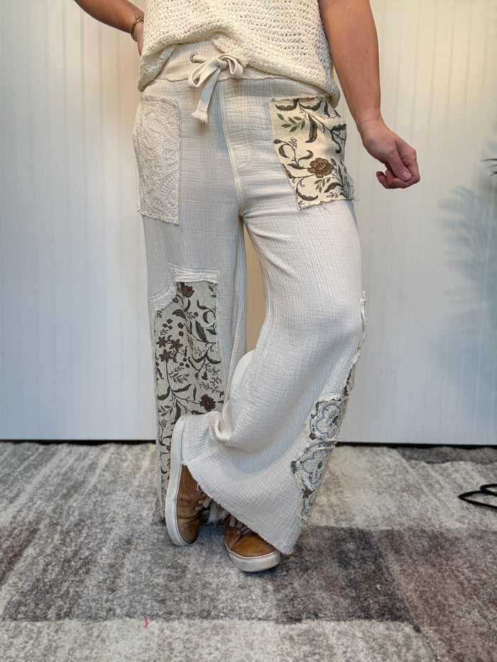 Boho Floral Patch Double Gauze Relaxed Pants by POL