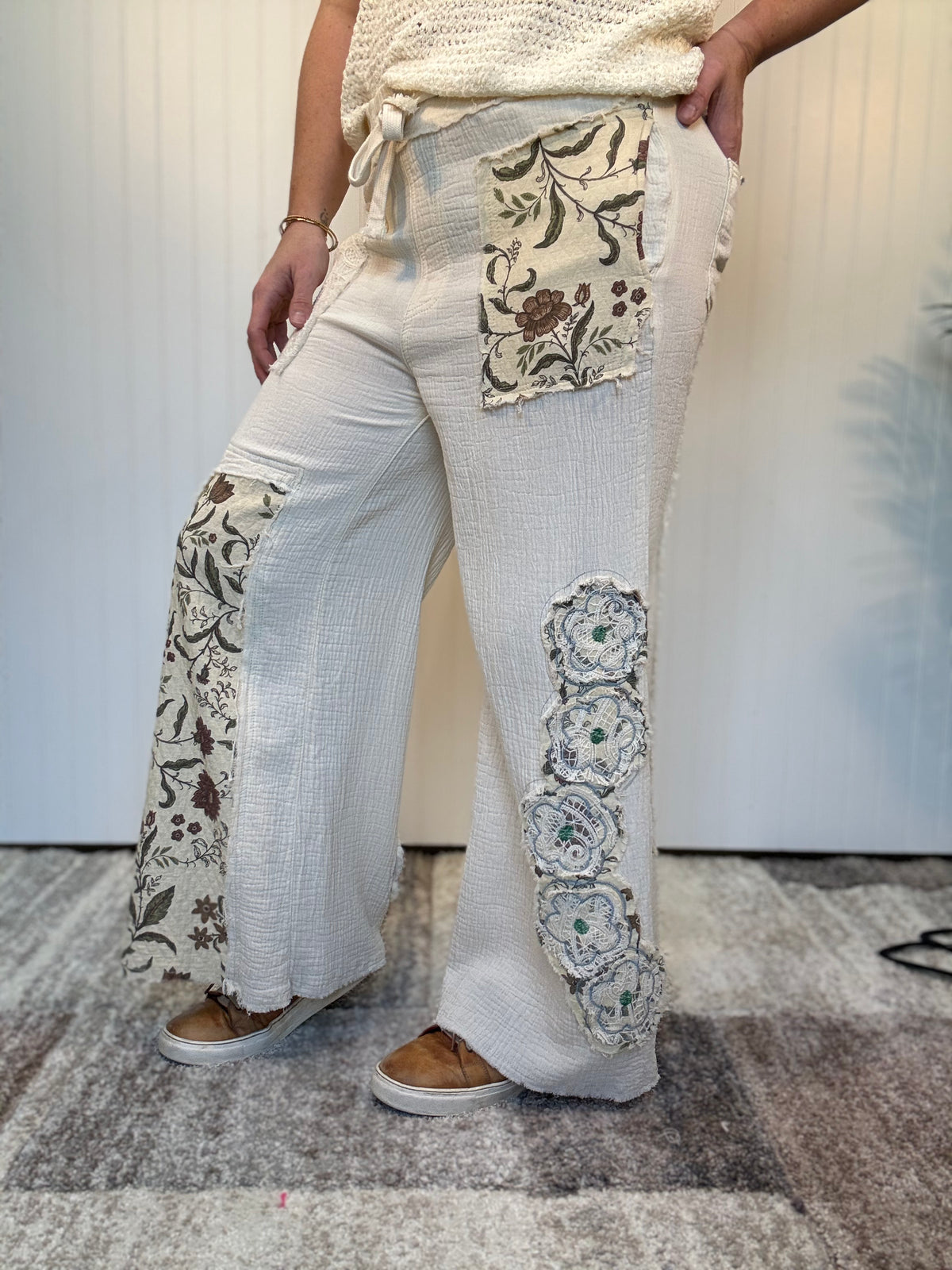 Boho Floral Patch Double Gauze Relaxed Pants by POL