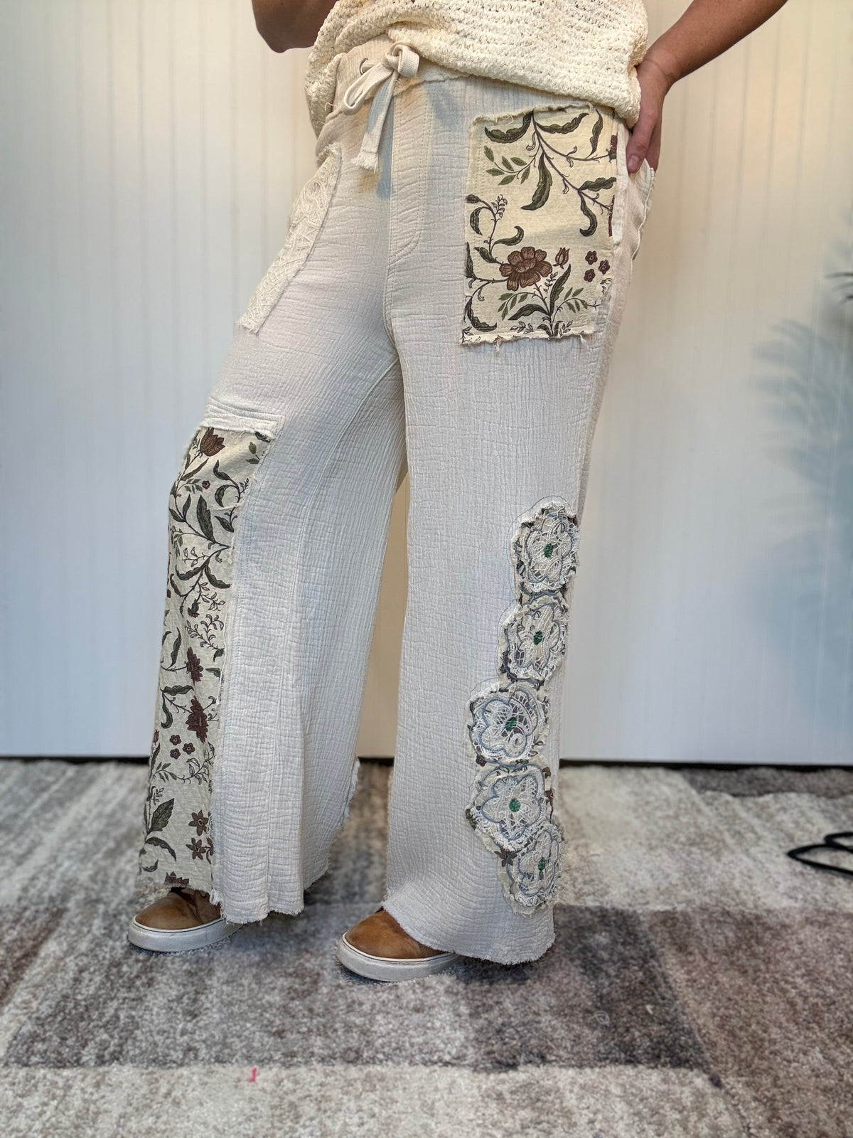 Boho Floral Patch Double Gauze Relaxed Pants by POL