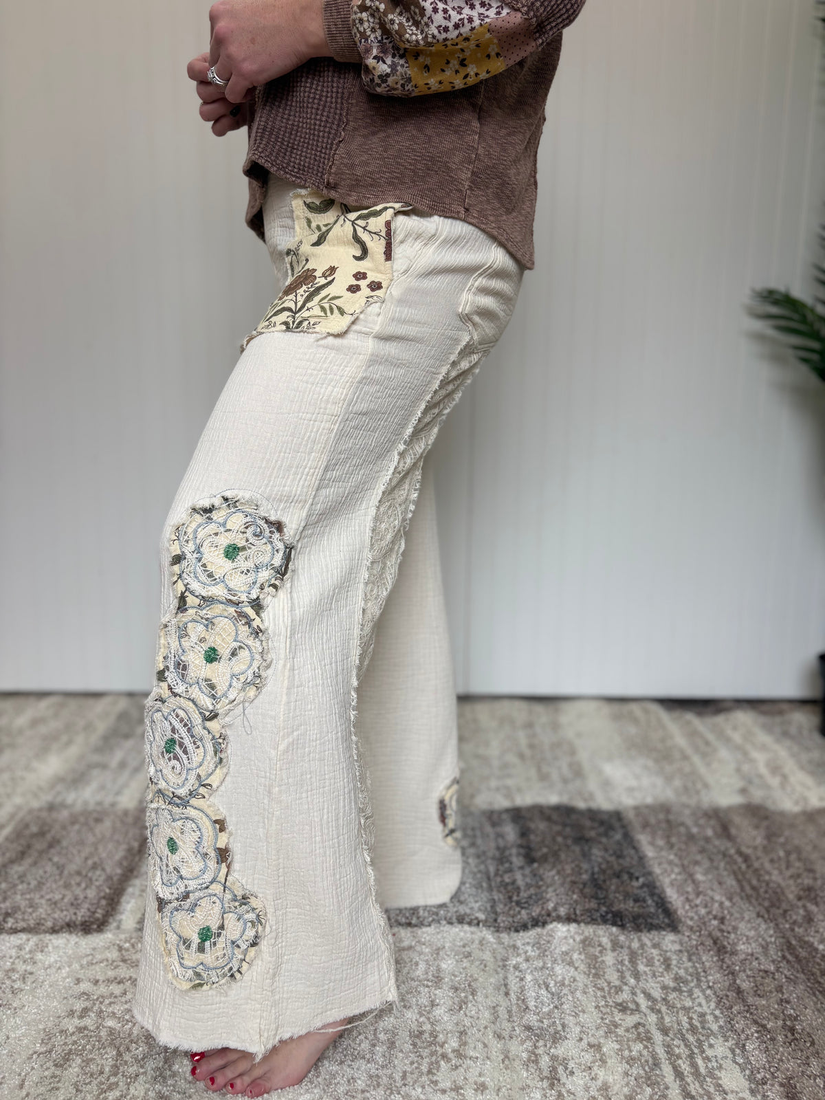 Boho Floral Patch Double Gauze Relaxed Pants by POL