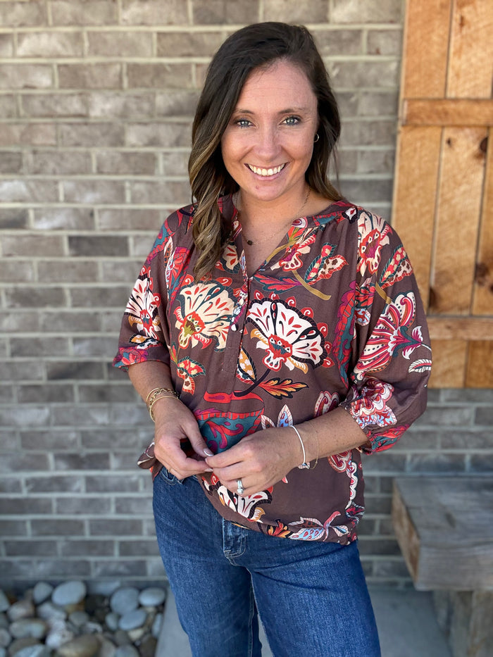 Brown Boho Paisley Puff Sleeve Blouse by Umgee