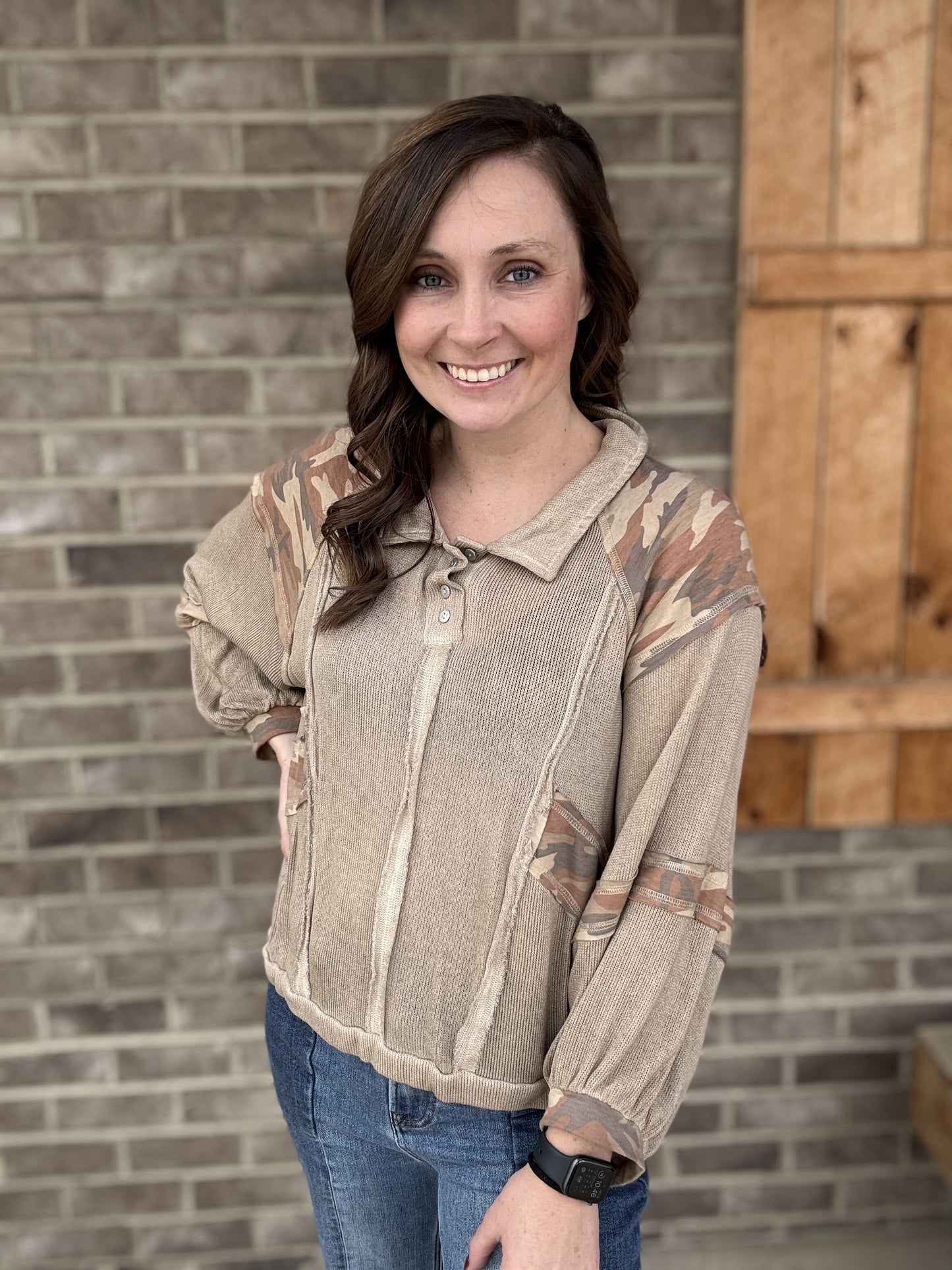 8483- Brown Camo Lightweight 3/4 Length Sleeve Top by POL