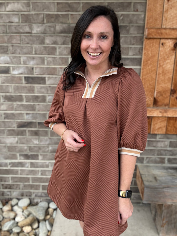 Brown High Neck Jacquard Mini Dress by Umgee