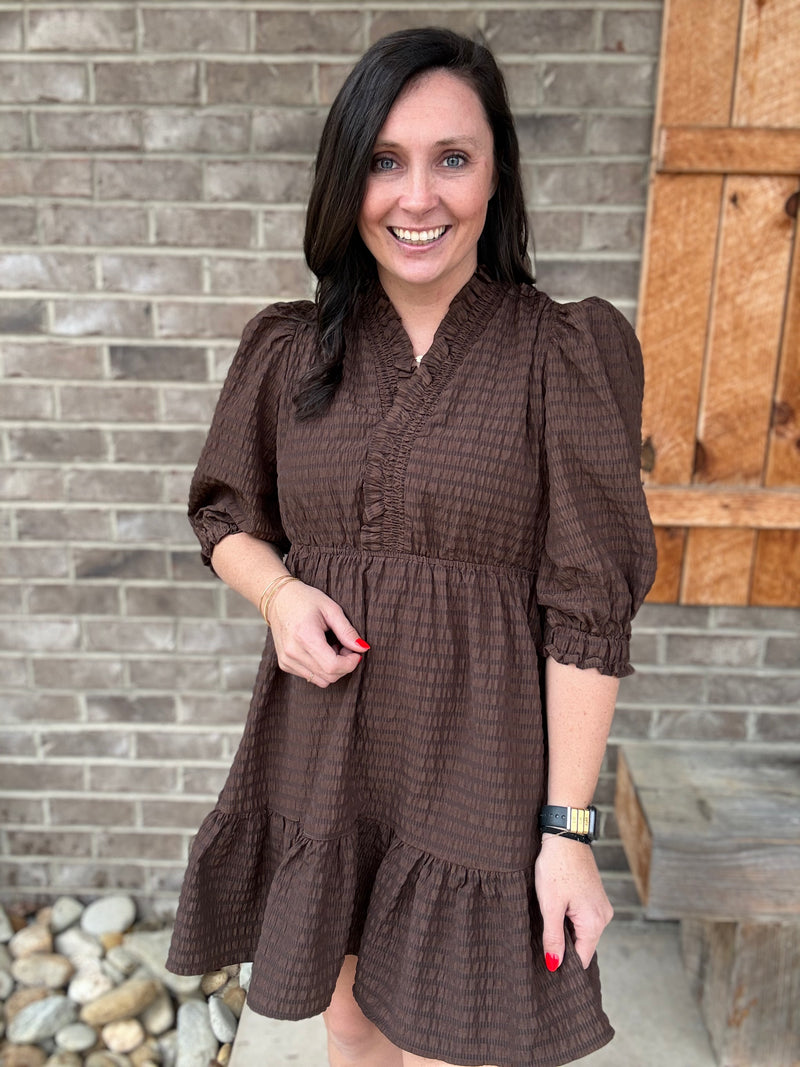 Brown Ruffle Trim Textured Babydoll Dress by Umgee