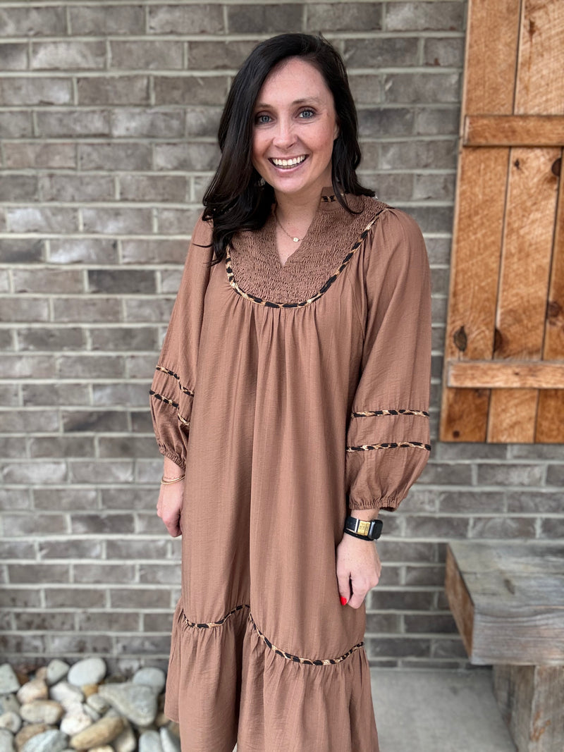 Brown Umgee Brown Lined Midi Dress with Bishop Sleeves