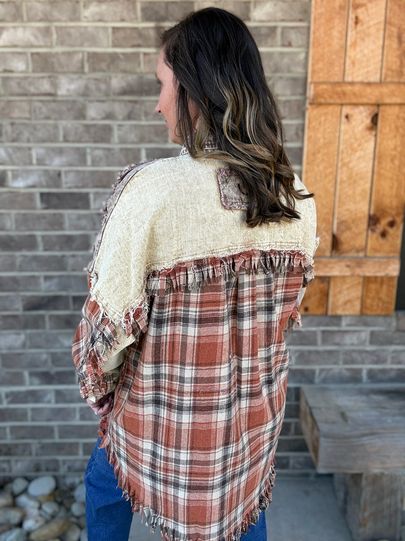 Brown Washed Fabric Mix Button Down Shacket by Oli & Hali