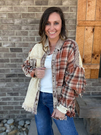 Brown Washed Fabric Mix Button Down Shacket by Oli & Hali