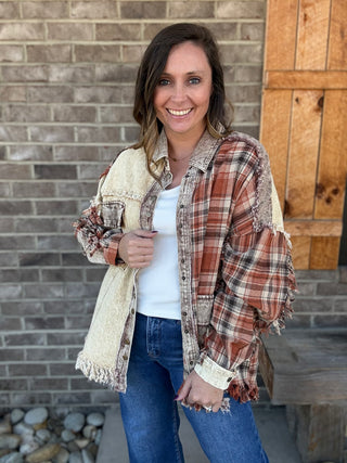 Brown Washed Fabric Mix Button Down Shacket by Oli & Hali