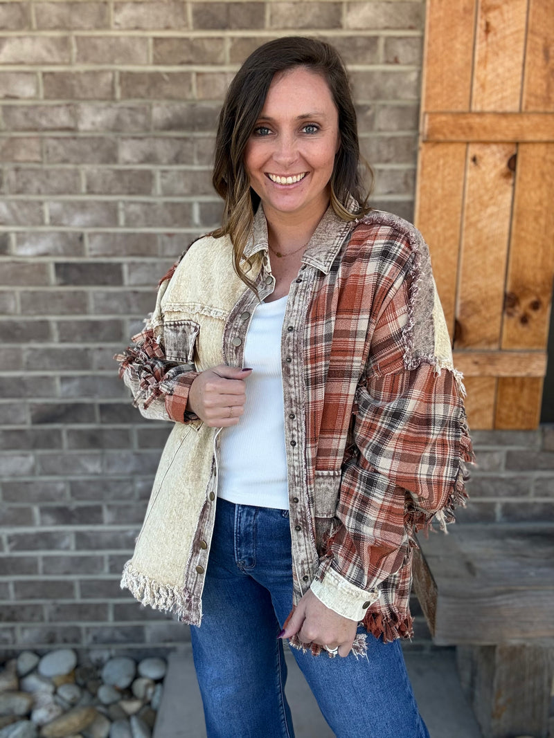 Brown Washed Fabric Mix Button Down Shacket by Oli & Hali