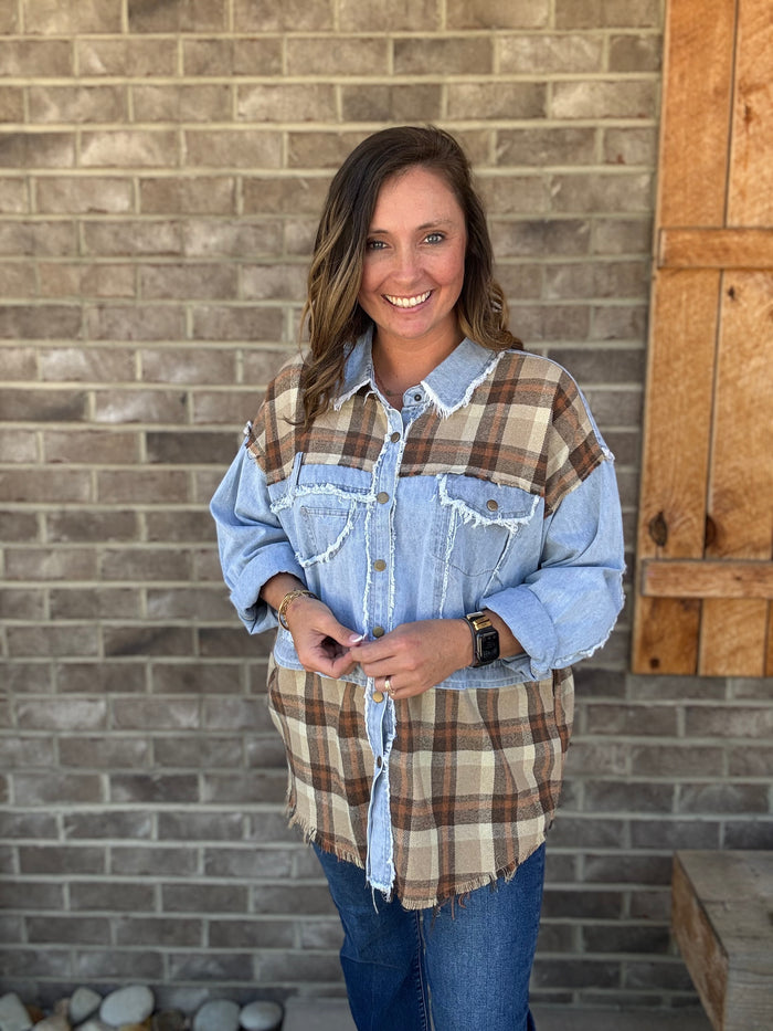 Brown Washed Plaid Denim Mix Button Down Shacket by Oli & Hali