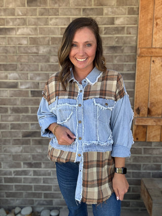 Brown Washed Plaid Denim Mix Button Down Shacket by Oli & Hali