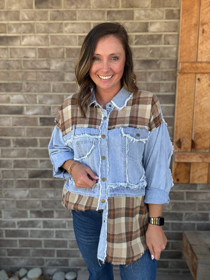 Brown Washed Plaid Denim Mix Button Down Shacket by Oli & Hali