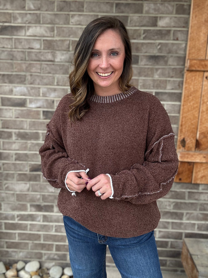 Brown Exposed Seam Round Neck Sweater by Zenana