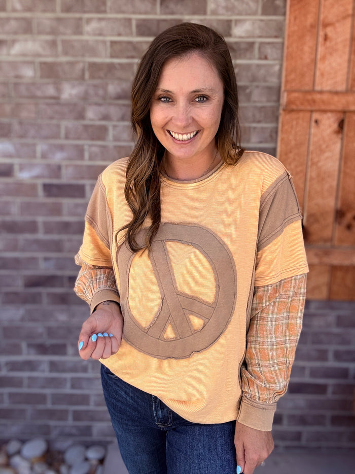 Brown Layered Peace Patch Thermal Knit Pullover