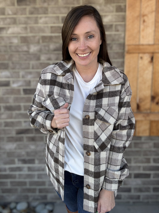 2751- Brown/Neutrals Plaid Button Down Shacket by Simply Southern