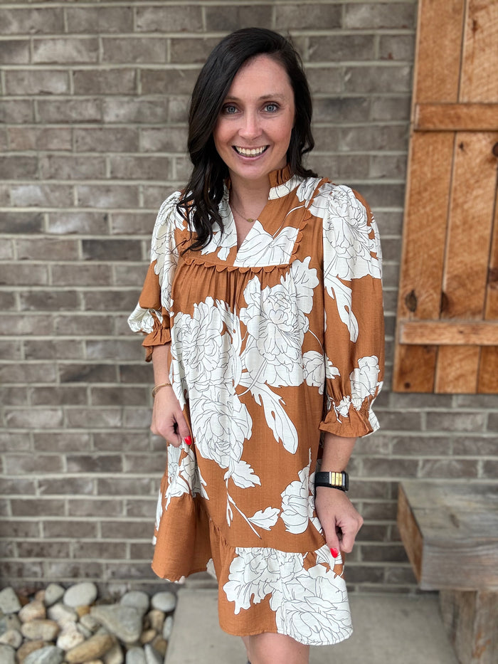 Brown and Cream Floral Tiered Babydoll Dress by Umgee