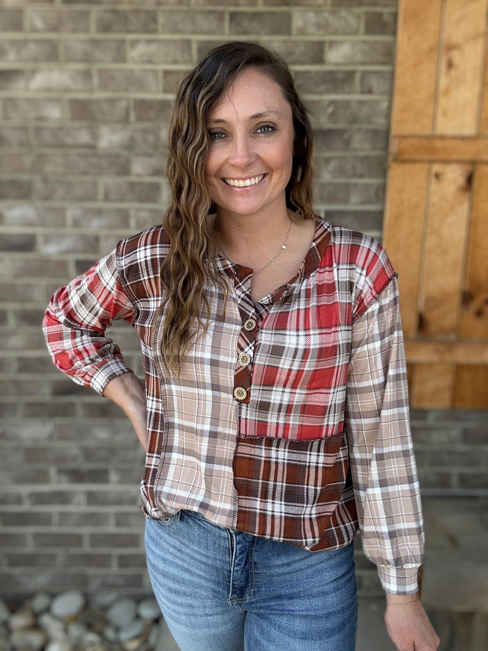 Brown and Taupe Plaid Patchwork Color Block Button Henley Top by BiBi