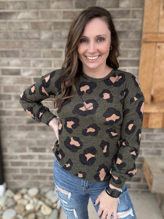 20515- Brushed Green Leopard Print Long Sleeve Top