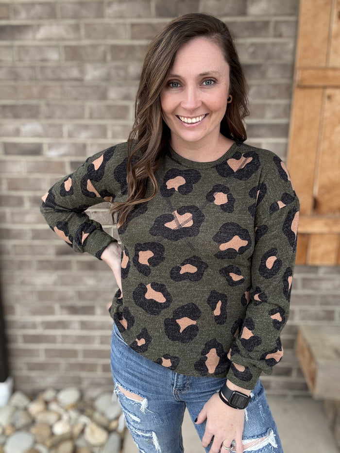 20515- Brushed Green Leopard Print Long Sleeve Top