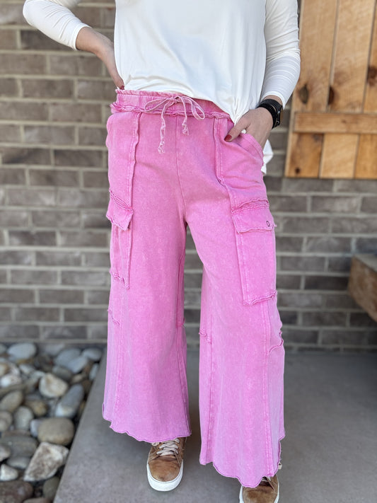 8367- Bubble Gum Pink Pull On Cargo Pants