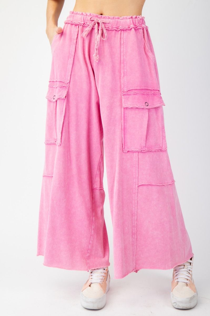 8367- Bubble Gum Pink Pull On Cargo Pants