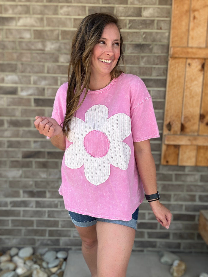 Bubble Gum Mineral Wash Flower Patch Tee by J. Her