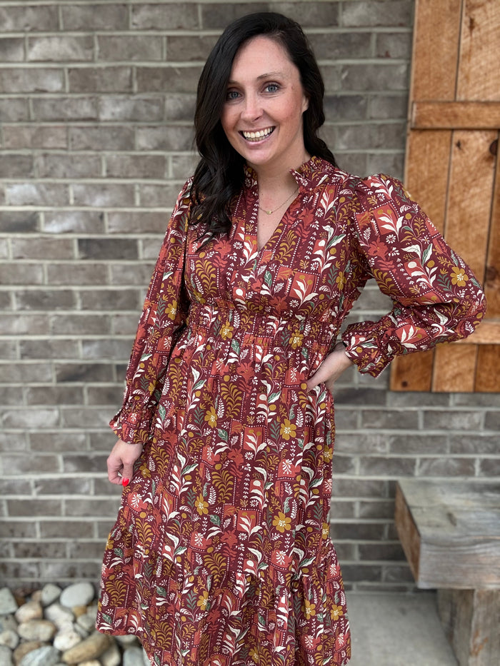 Bugundy Mix Umgee Exclusive Floral Midi Dress with Smocked Waist
